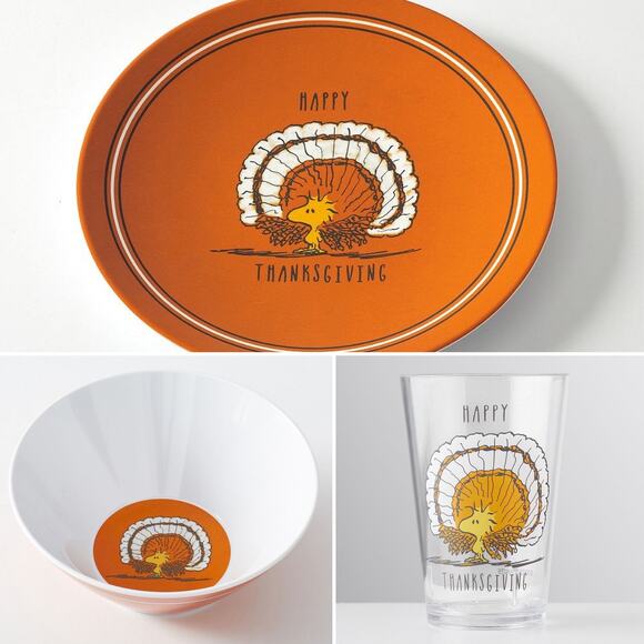 Pottery Barn Woodstock Peanuts Plate Bowl Cup Set - Thanksgiving Turkey  Snoopy - Picture 1 of 7